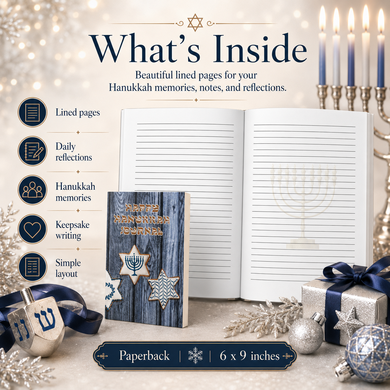 Happy Hanukkah Journal Paperback – 6x9 Hanukkah Memory Journal for Reflections, Family Traditions, Notes, Gratitude & Keepsake Writing