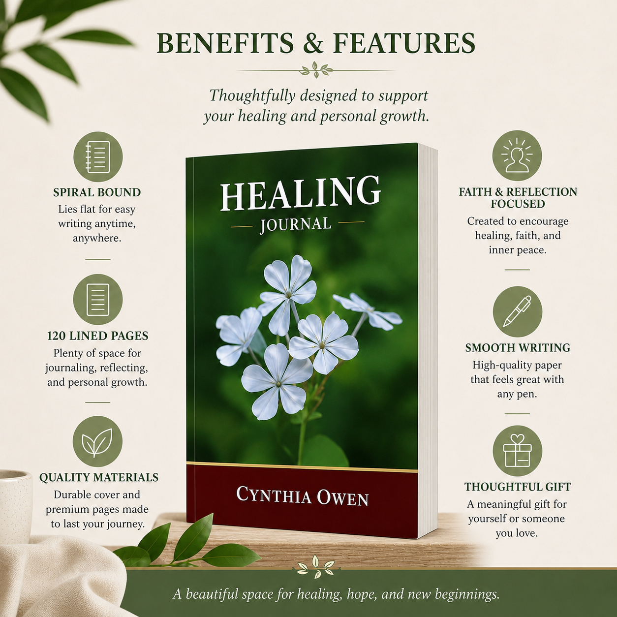 Healing Journal benefits and features with healing scriptures declarations lined pages and 6x9 paperback format
