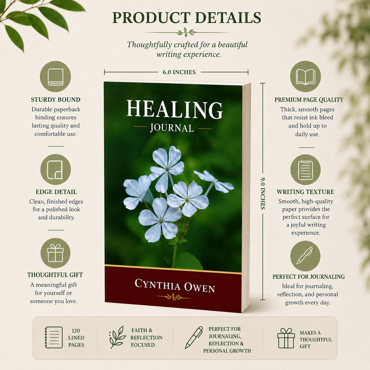 Healing Journal product details showing 6x9 paperback format 120 lined pages healing scriptures and declarations