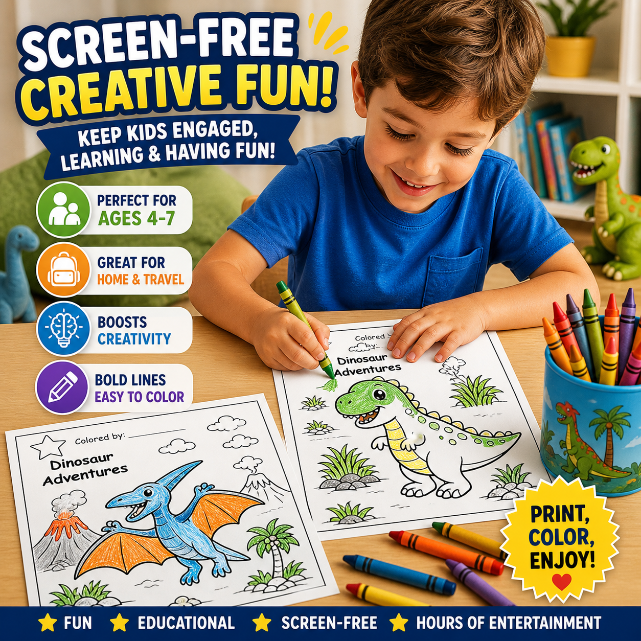 Kidooz Dinosaur Coloring Book for Kids Digital Download – Printable Dino Coloring Pages for Toddlers, Preschoolers & Children Ages 4–7