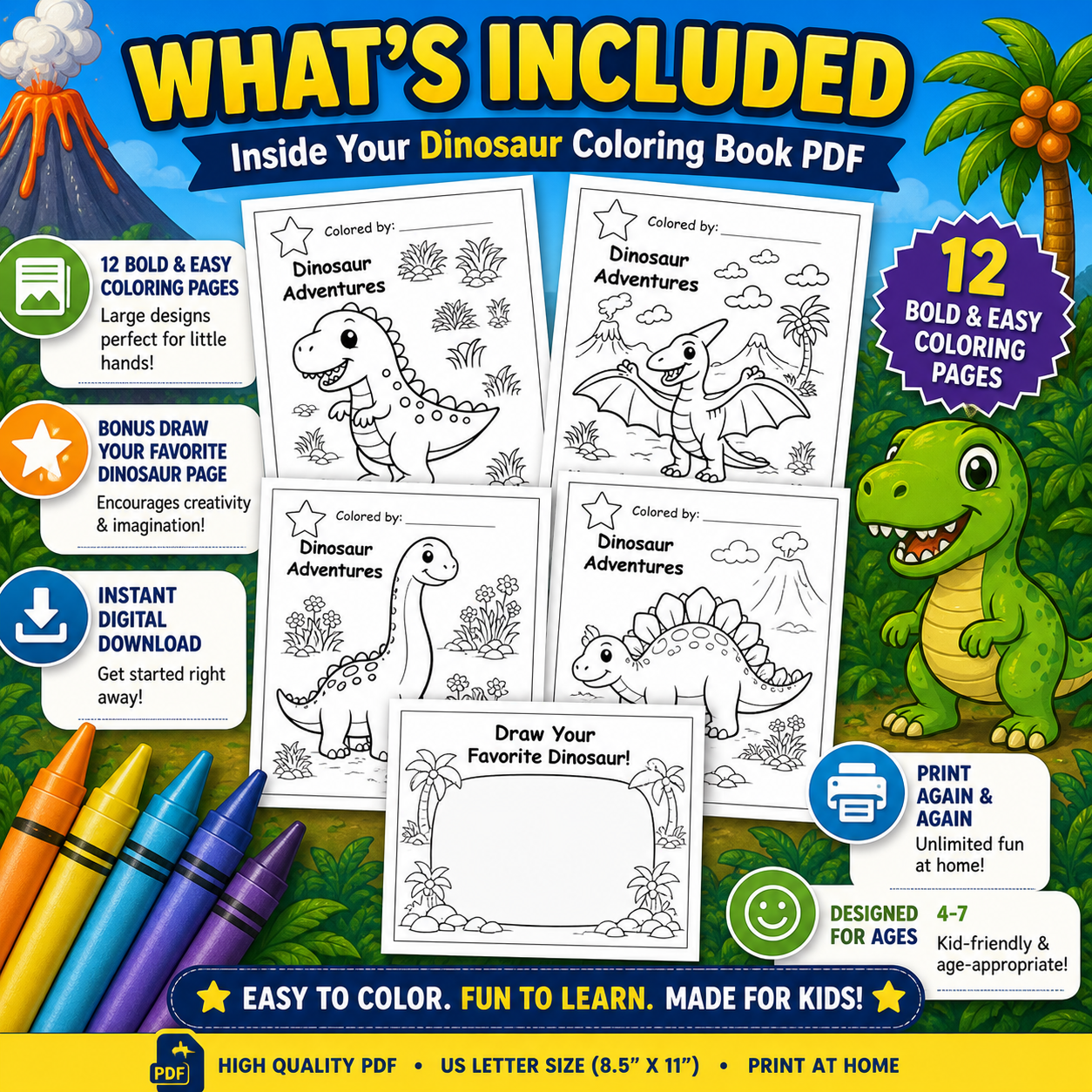 Kidooz Dinosaur Coloring Book for Kids Digital Download – Printable Dino Coloring Pages for Toddlers, Preschoolers & Children Ages 4–7
