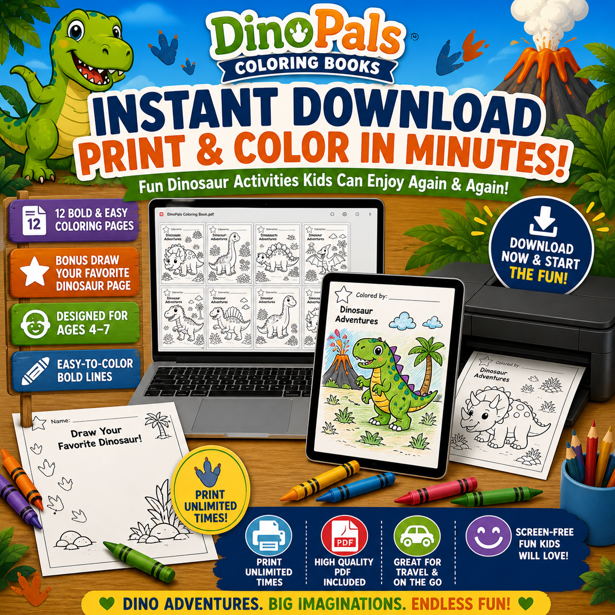 Kidooz Dinosaur Coloring Book for Kids Digital Download – Printable Dino Coloring Pages for Toddlers, Preschoolers & Children Ages 4–7