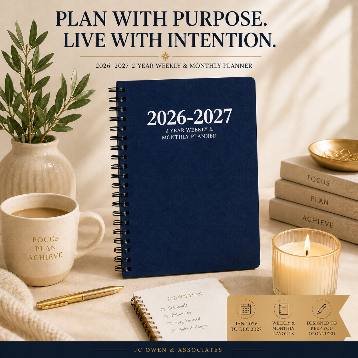 2026–2027 navy blue spiral planner 6x9 with daily weekly monthly layouts for work school goals and two-year organization