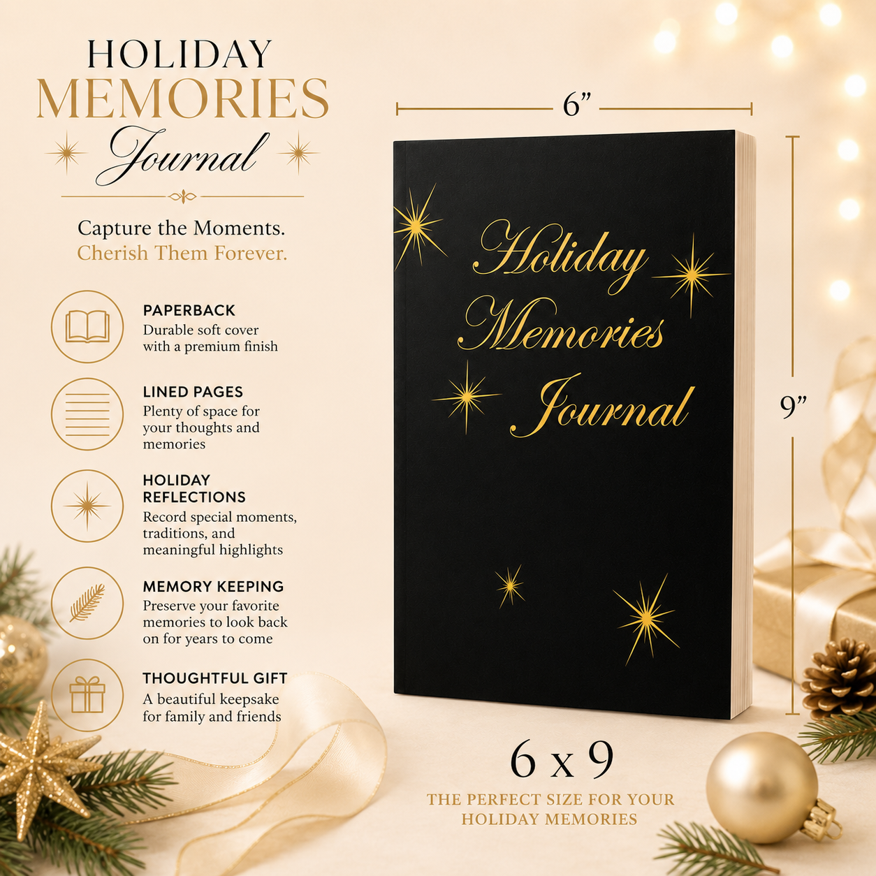 Holiday Memories Journal – 6x9 Paperback | Christmas Keepsake Notebook for Holiday Reflections, Family Traditions, Gratitude Notes &amp; Thoughtful Gift