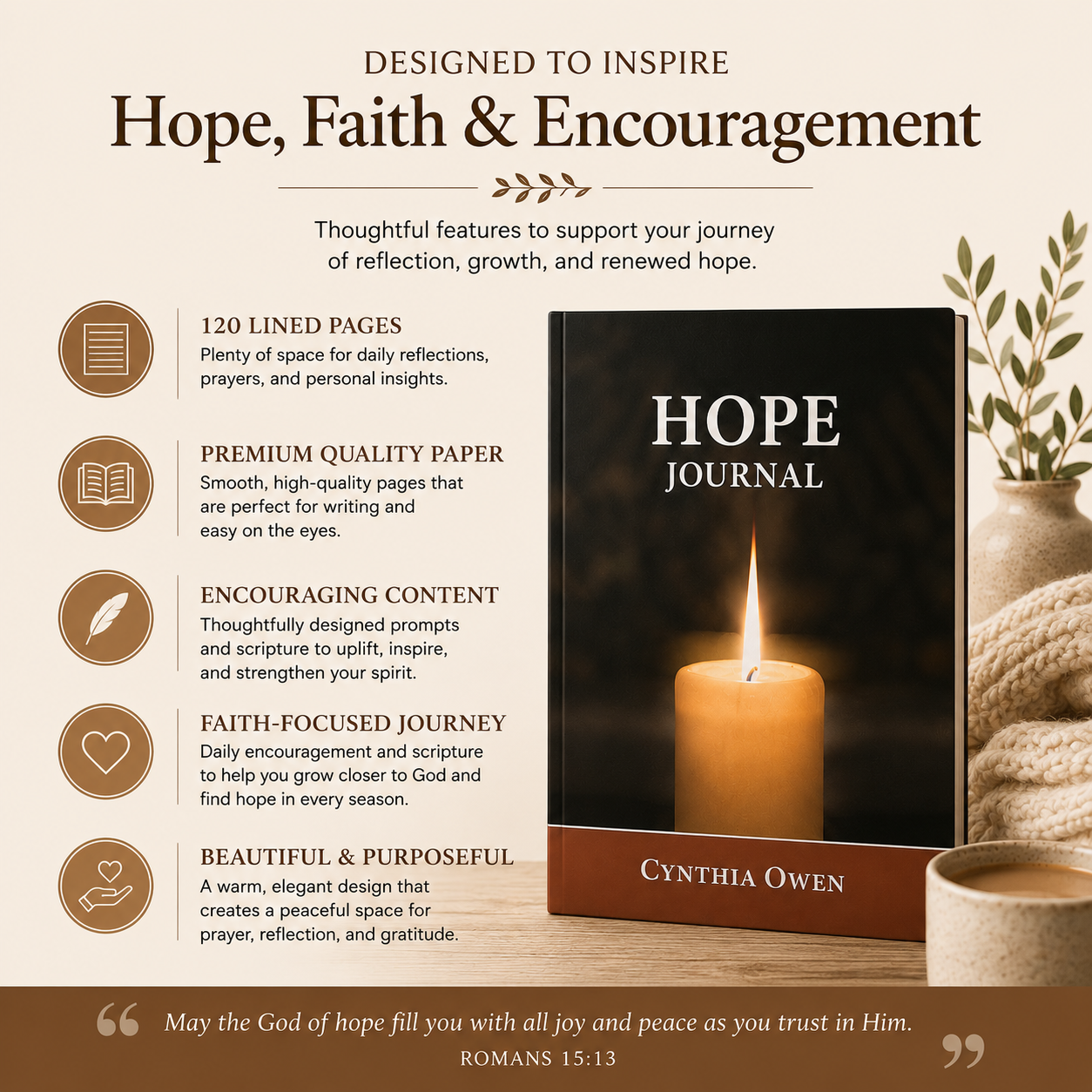 Hope Journal product details showing 6x9 paperback 120 lined pages scriptures declarations and writing pages