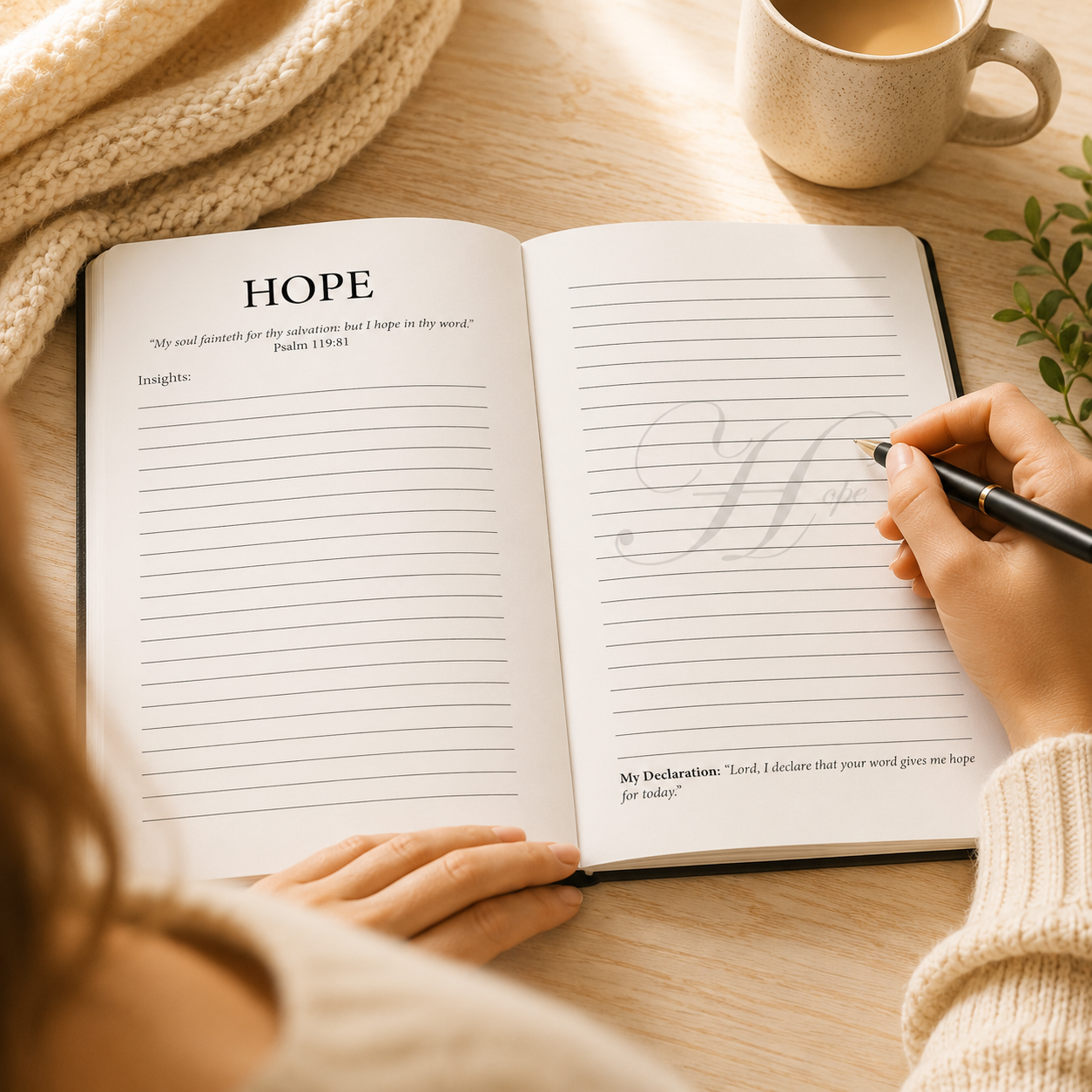 Open Hope Journal inside pages with hand writing prayer notes Bible study reflections and daily devotion