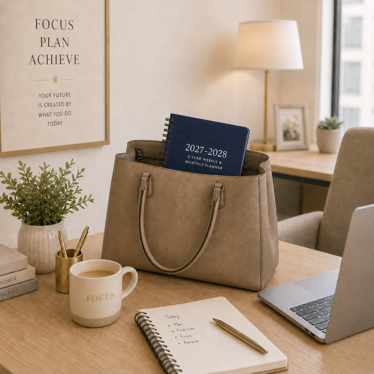 2027–2028 spiral planner carried in a tote bag with laptop and everyday workspace essentials 