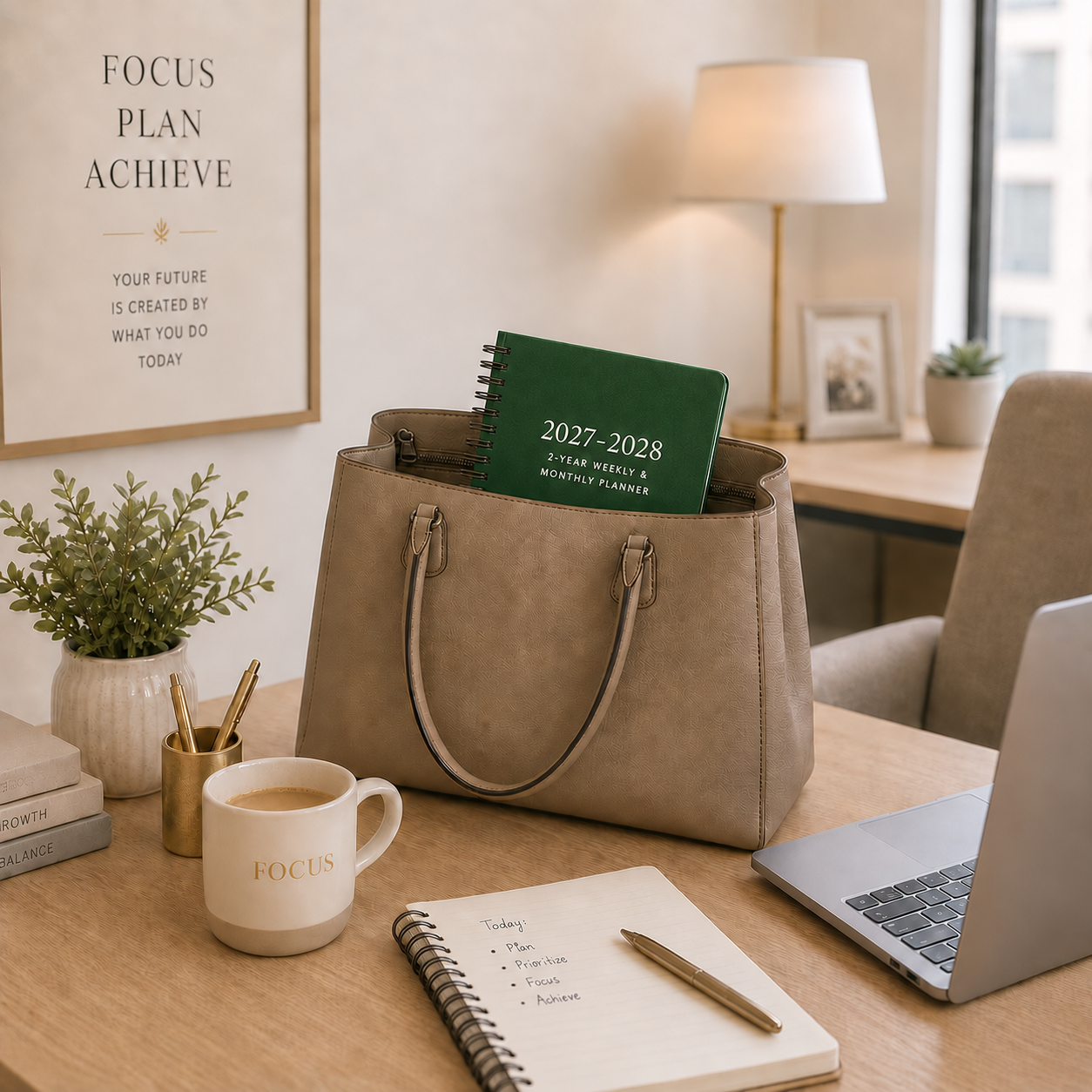 2027–2028 spiral planner carried in a tote bag with laptop and everyday workspace essentials 