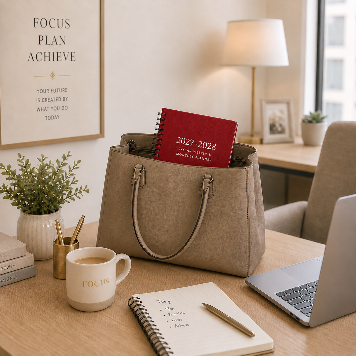 2027–2028 spiral planner carried in a tote bag with laptop and everyday workspace essentials 