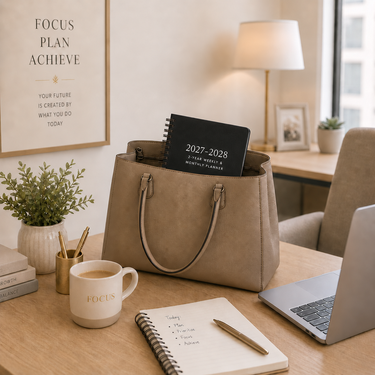 2027–2028 spiral planner carried in a tote bag with laptop and everyday workspace essentials 