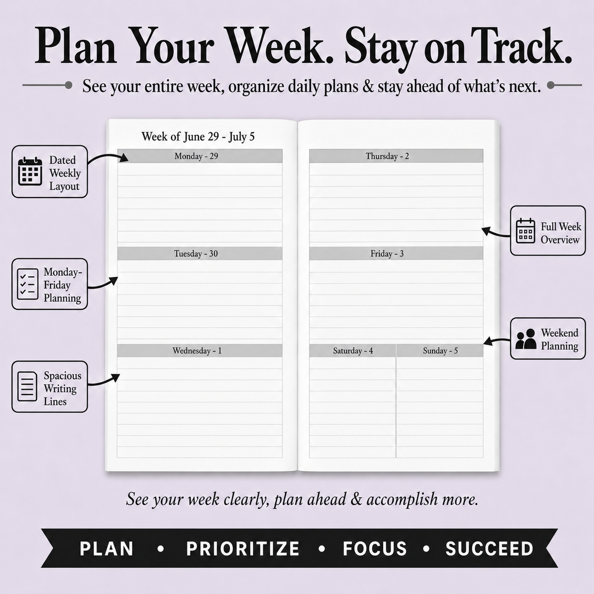 Dated weekly academic planner spread with Monday through Sunday planning and spacious writing areas 