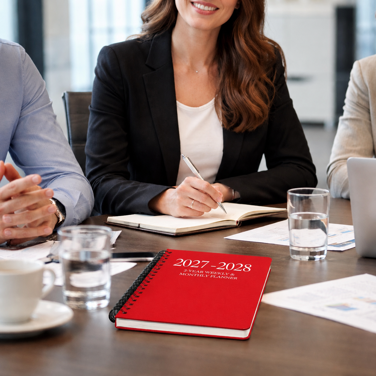 2027–2028 spiral planner on a conference table during a professional business meeting