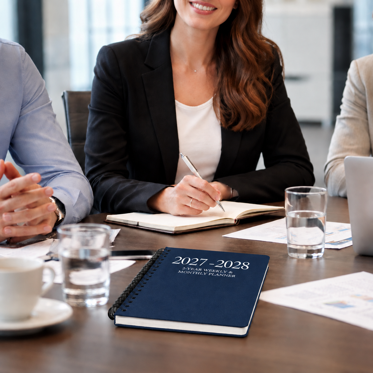 2027–2028 spiral planner on a conference table during a professional business meeting 