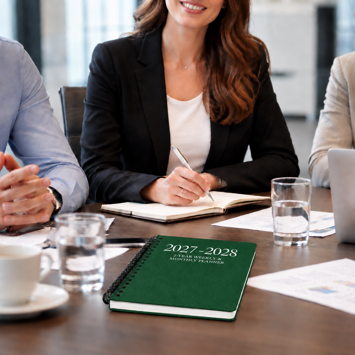 2027–2028 spiral planner on a conference table during a professional business meeting