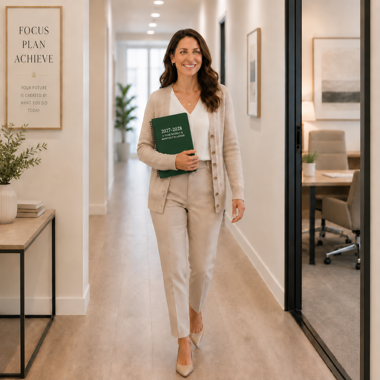 Professional woman carrying a green 2027–2028 weekly and monthly spiral planner through an office 