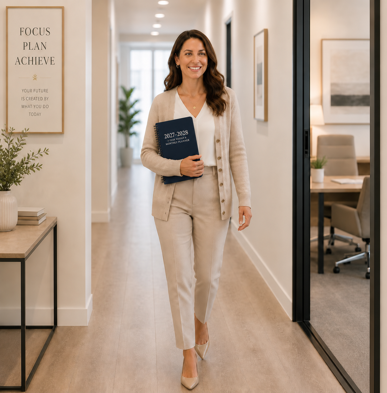 Professional woman carrying a black 2027–2028 weekly and monthly spiral planner through an office 