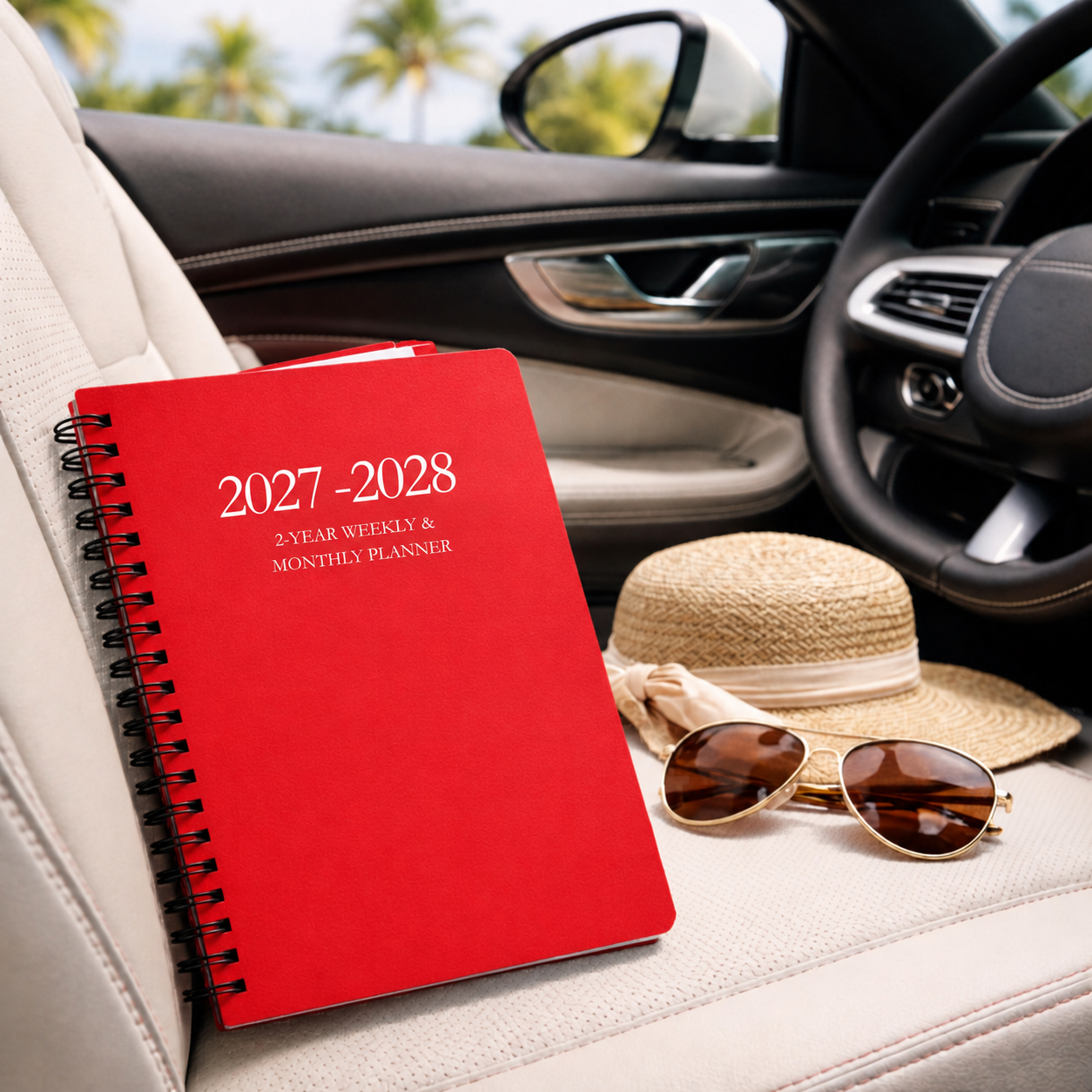 Red 2027–2028 spiral planner styled for work, everyday organization and travel