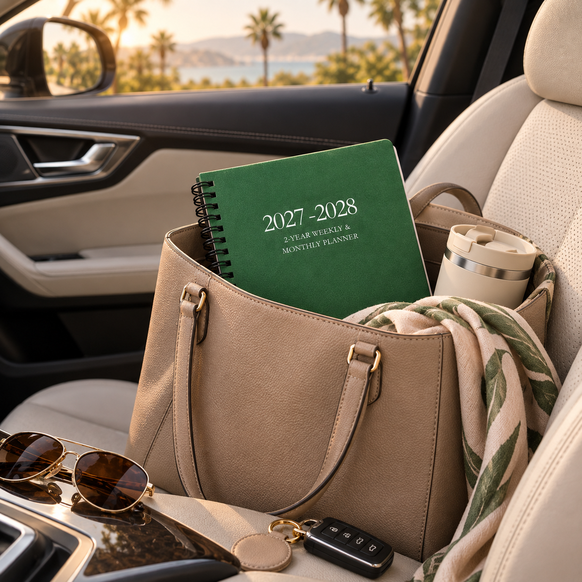Green 2027–2028 spiral planner styled for work, everyday organization and travel