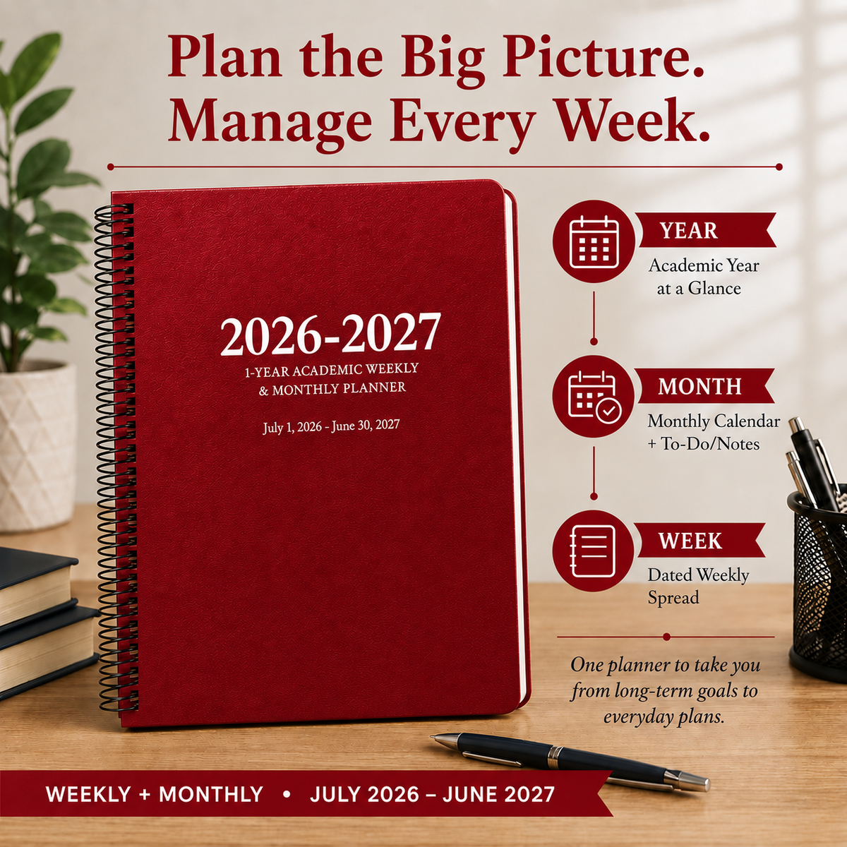 Red 2026–2027 academic planner showing year, month and week planning features in one planner 