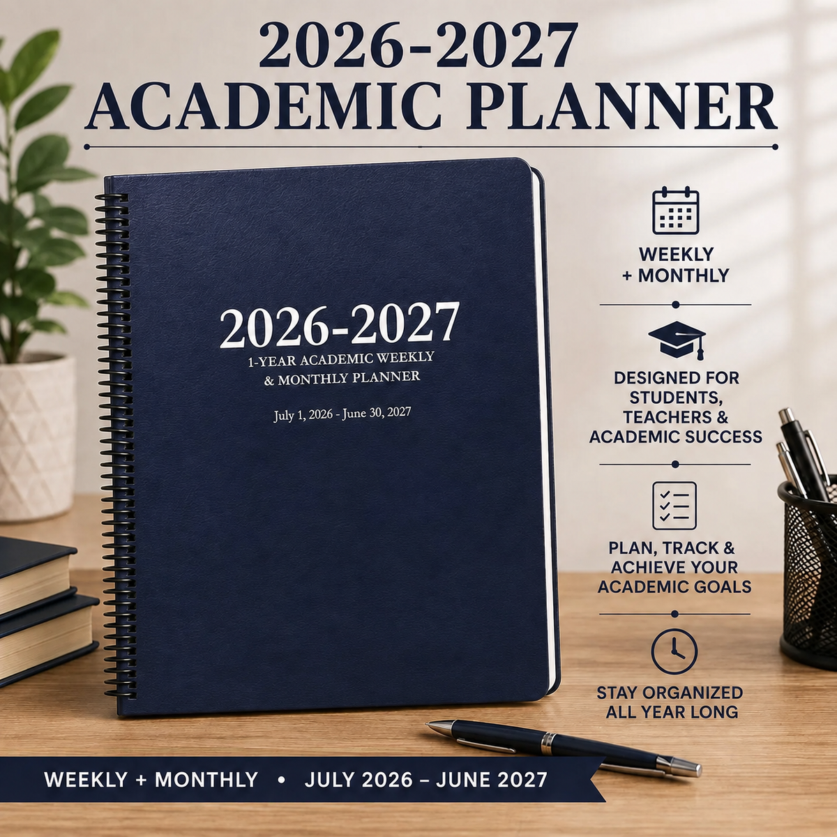 2026–2027 navy blue academic planner with weekly and monthly planning, designed for students and teachers 