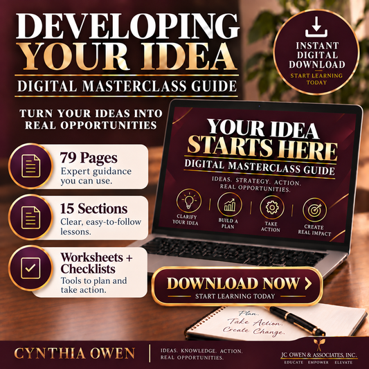 Developing Your Idea Digital Masterclass Guide with 79 pages, 15 sections, worksheets and checklists