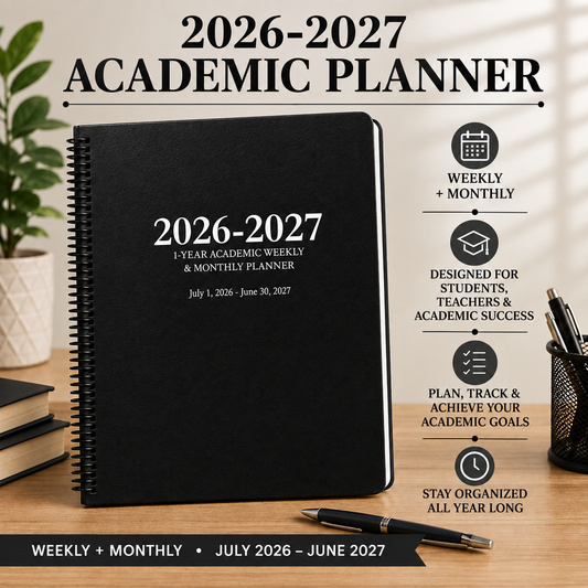 2026–2027 black academic planner with weekly and monthly planning, designed for students and teachers 