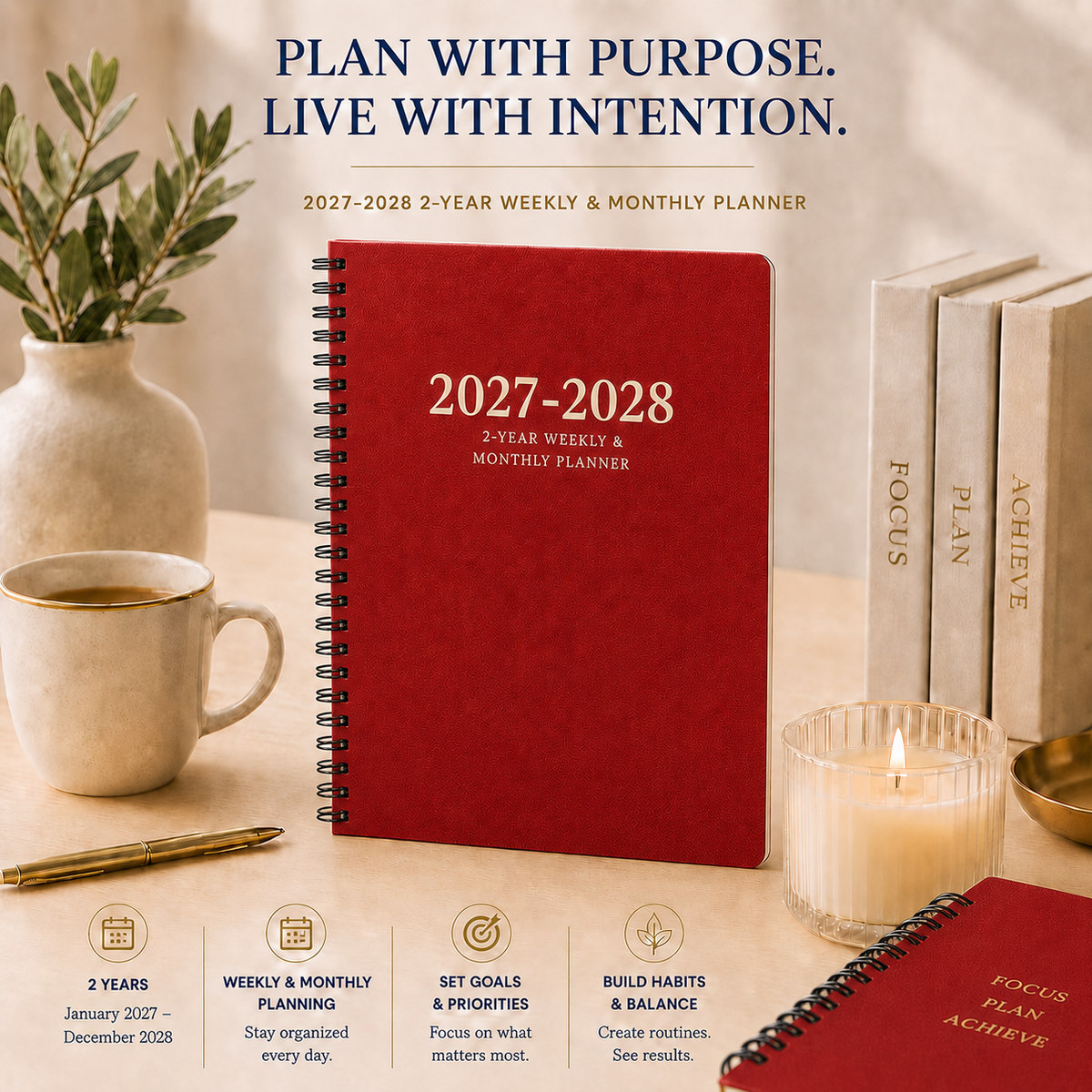 2027–2028 red 2-year weekly and monthly spiral planner, 6 x 9 inch 