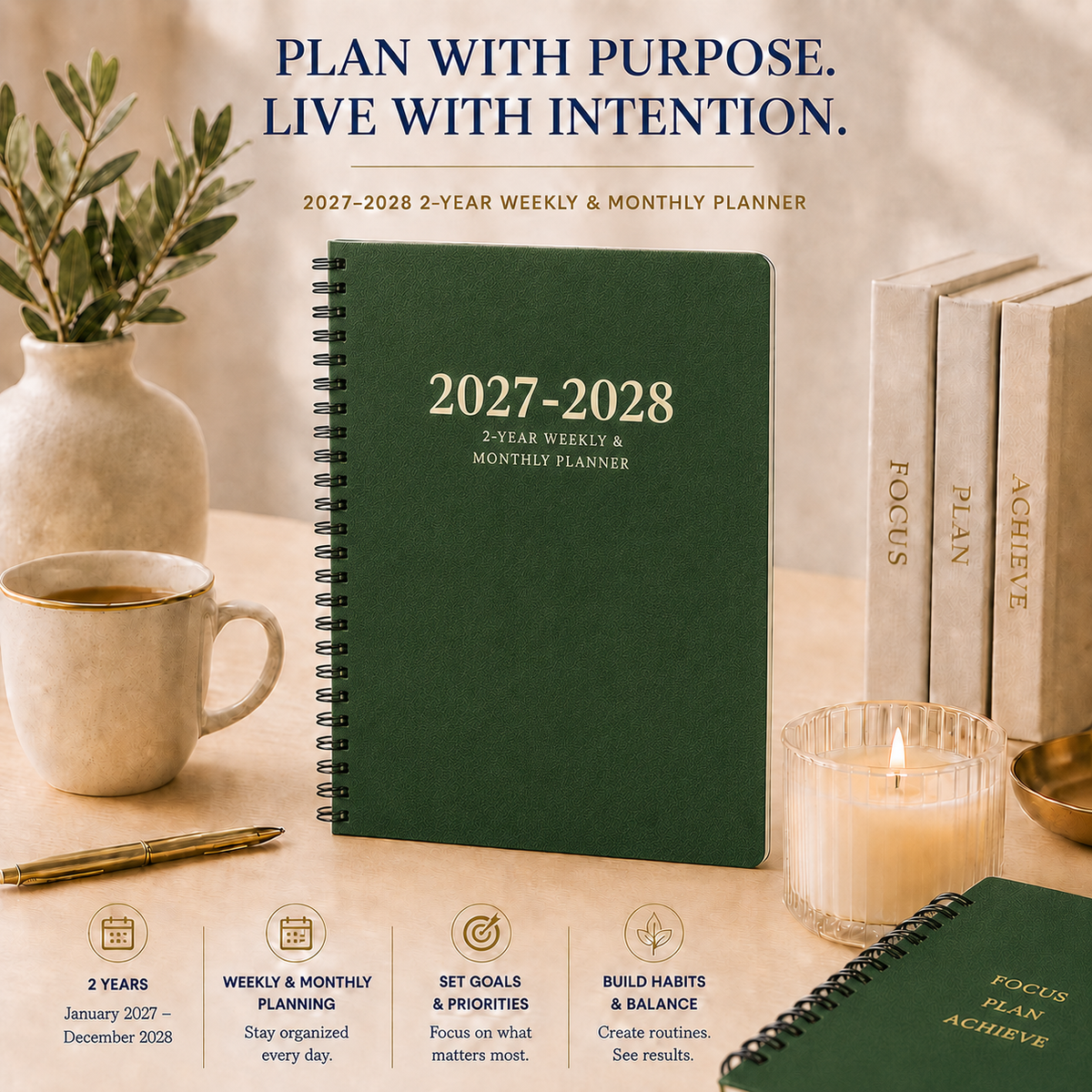 2027–2028 green 2-year weekly and monthly spiral planner, 6 x 9 inch 