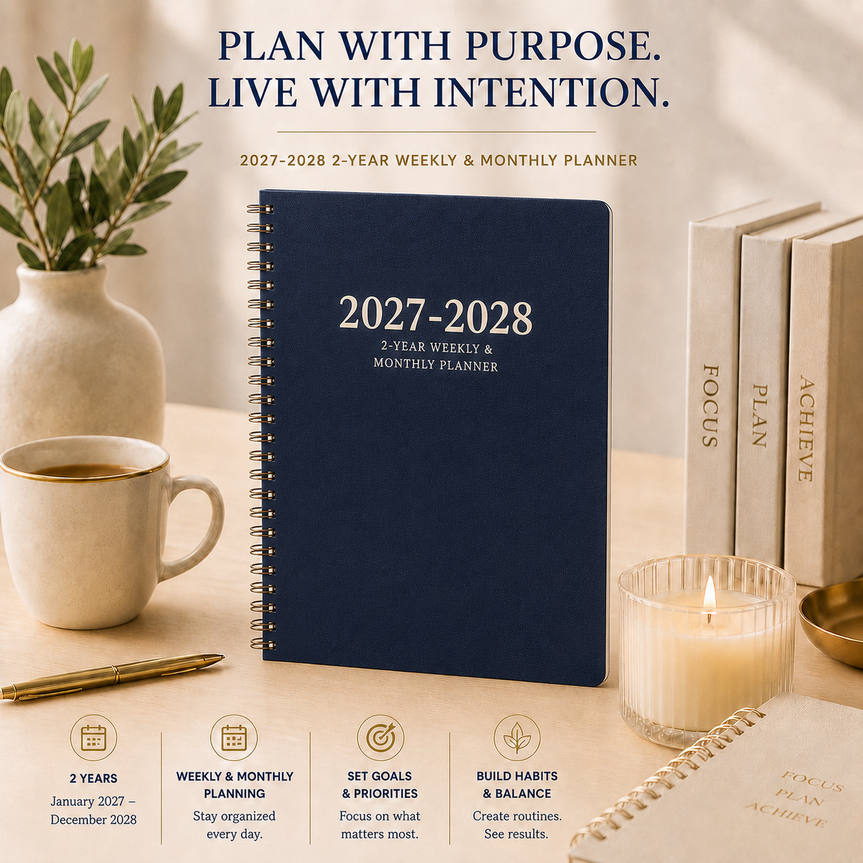 2027–2028 navy blue 2-year weekly and monthly spiral planner, 6 x 9 inch 