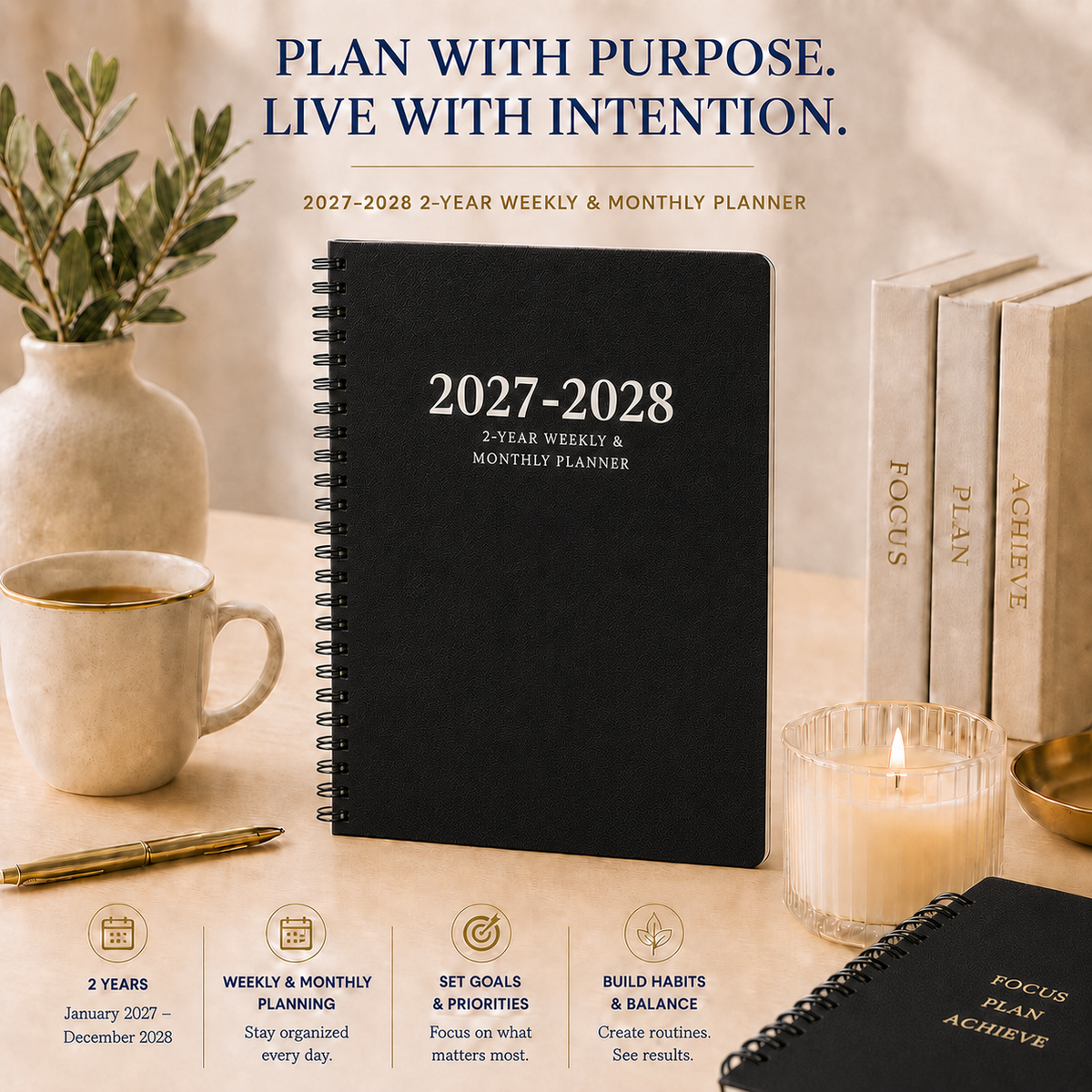 2027–2028 Black 2-year weekly and monthly spiral planner, 6 x 9 inch 