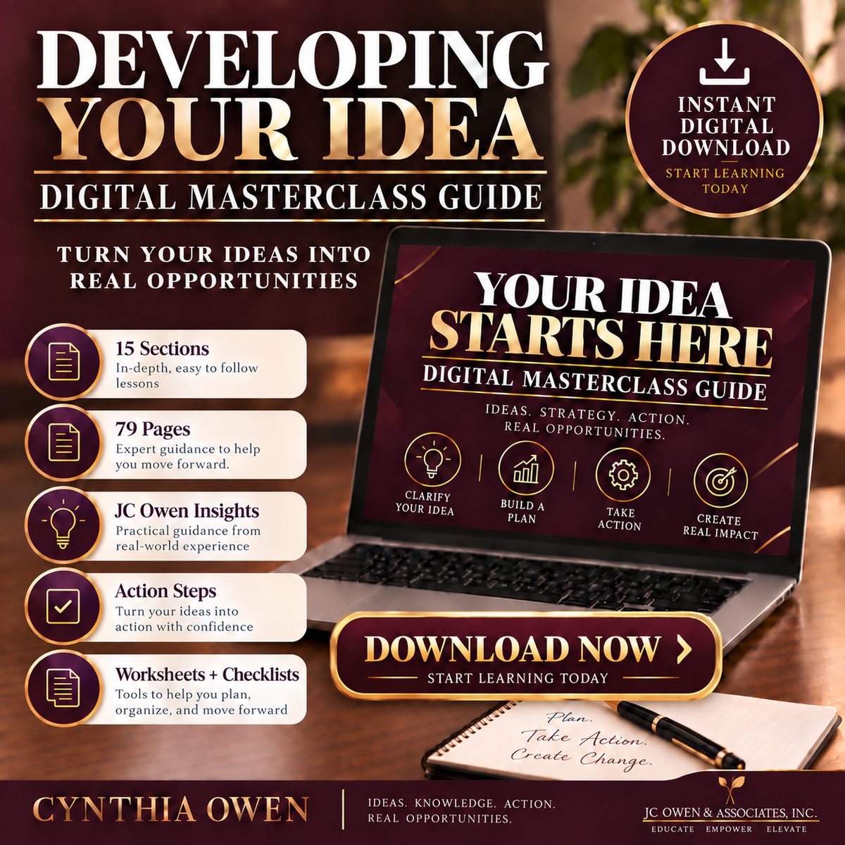Developing Your Idea Digital Masterclass Guide showing key benefits and self-paced product development learning