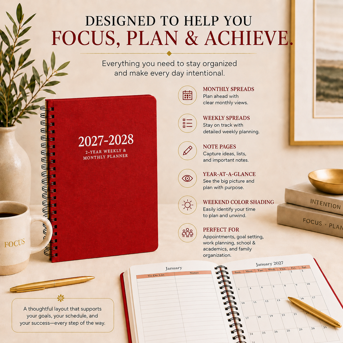 2027–2028 2-year spiral planner with weekly and monthly planning features 