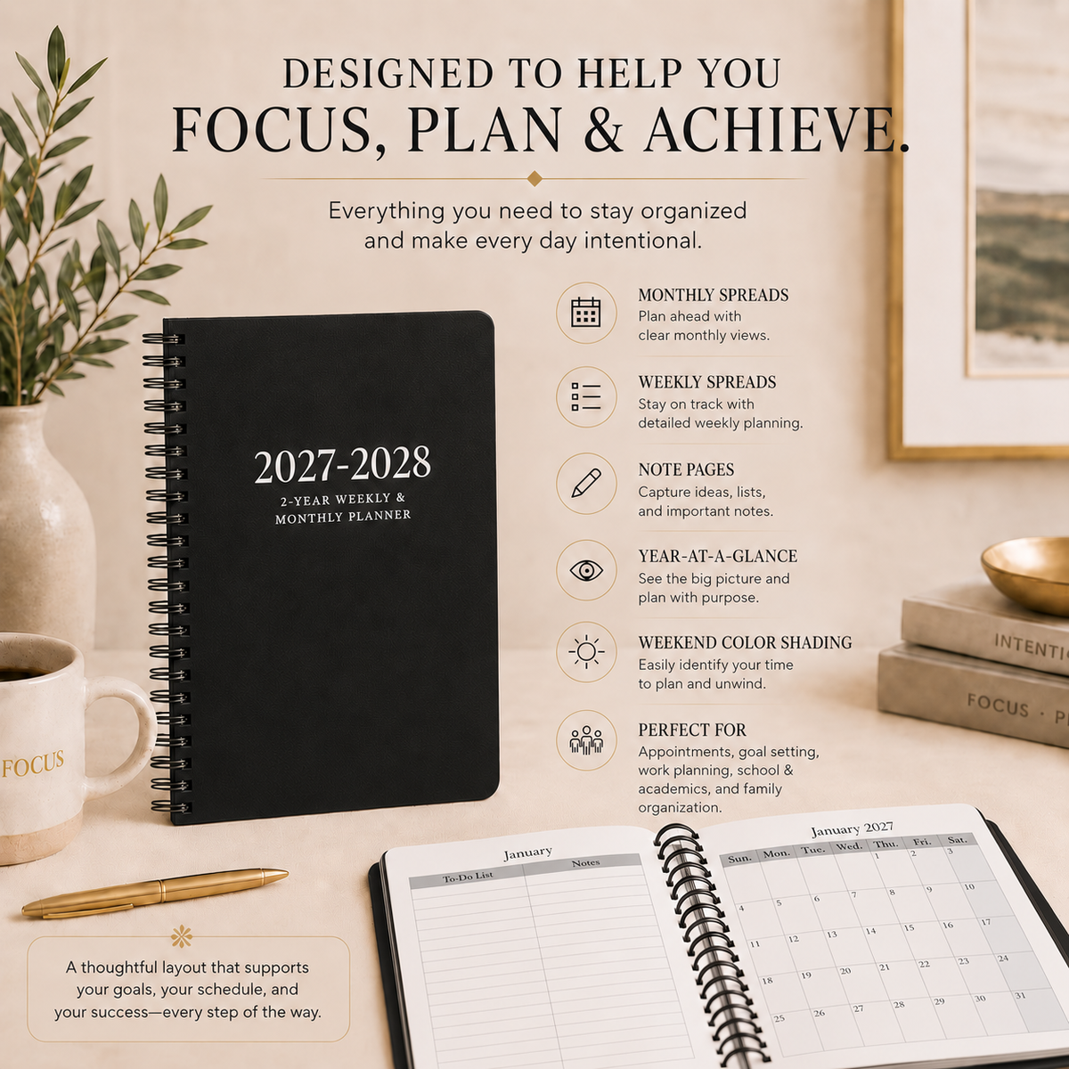 2027–2028 2-year spiral planner with weekly and monthly planning features 