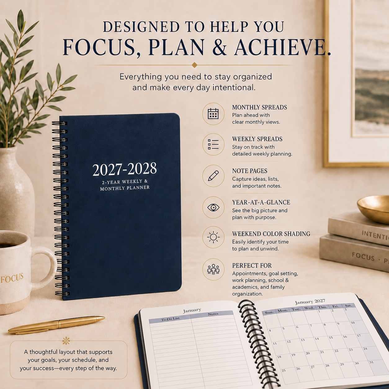 2027–2028 2-year spiral planner with weekly and monthly planning features 