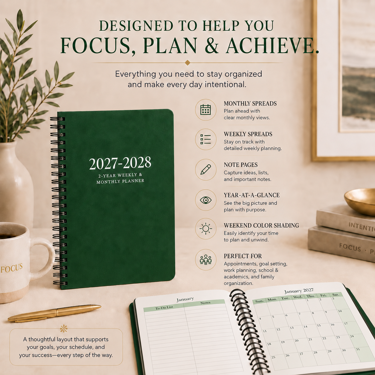 2027–2028 2-year spiral planner with weekly and monthly planning features 