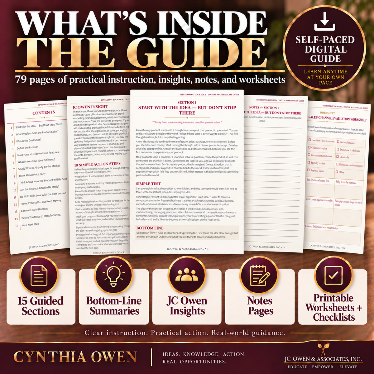 Inside the Developing Your Idea Masterclass Guide with product development worksheets and guided exercises