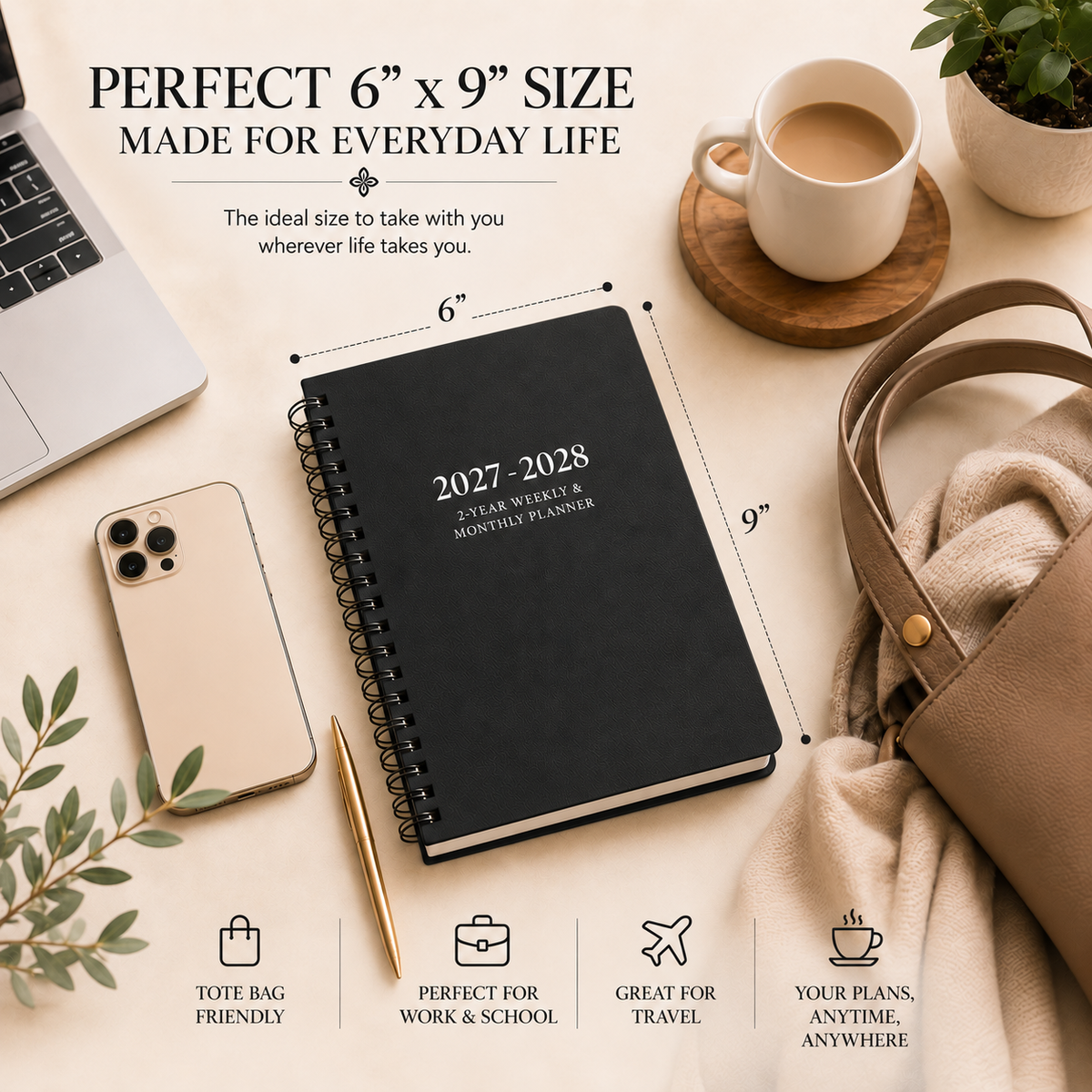 2027–2028 spiral planner showing portable 6 x 9 inch size for work, school and travel 