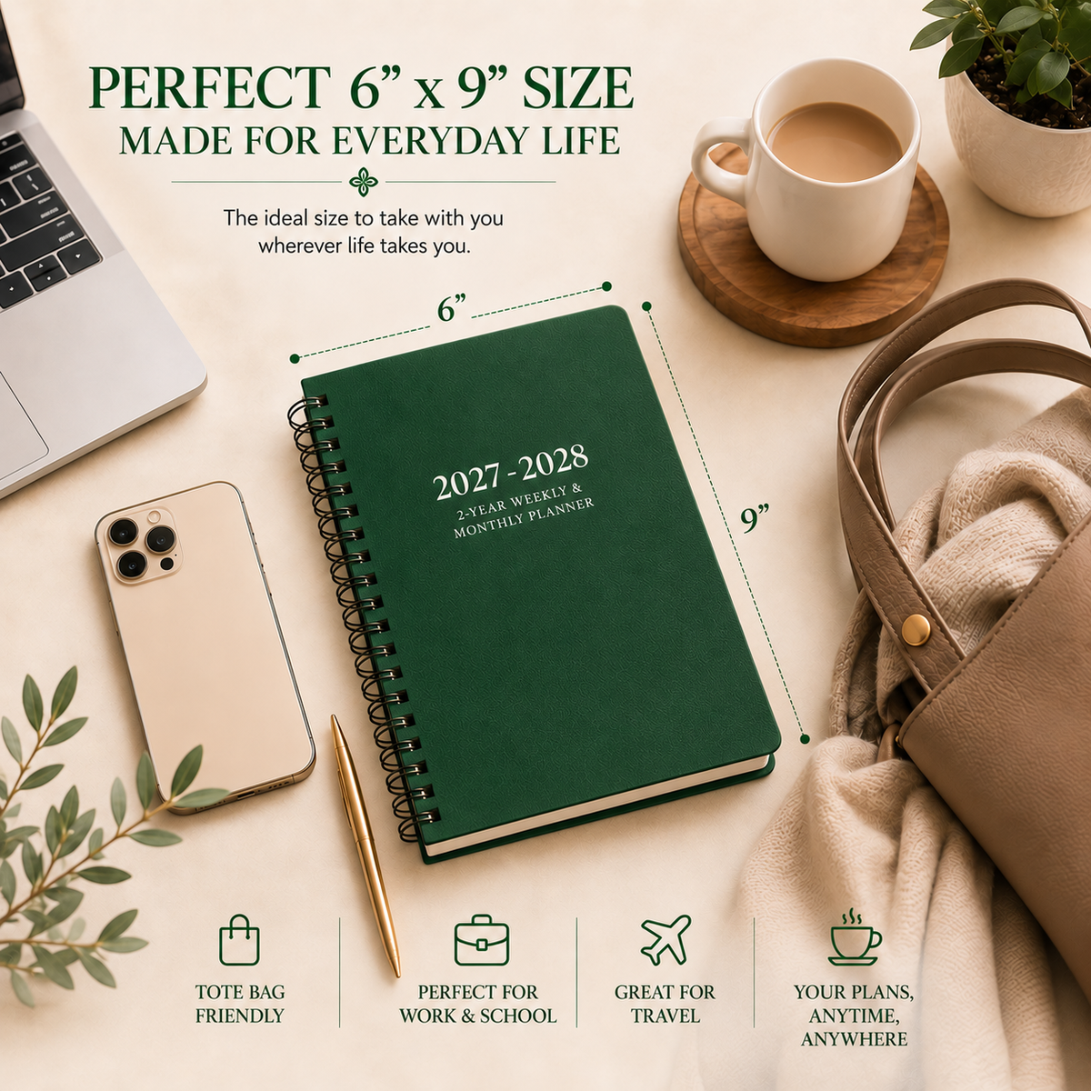 2027–2028 spiral planner showing portable 6 x 9 inch size for work, school and travel 