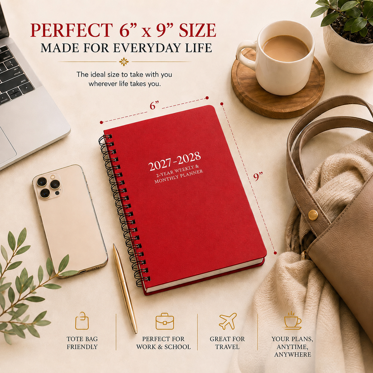 2027–2028 spiral planner showing portable 6 x 9 inch size for work, school and travel 