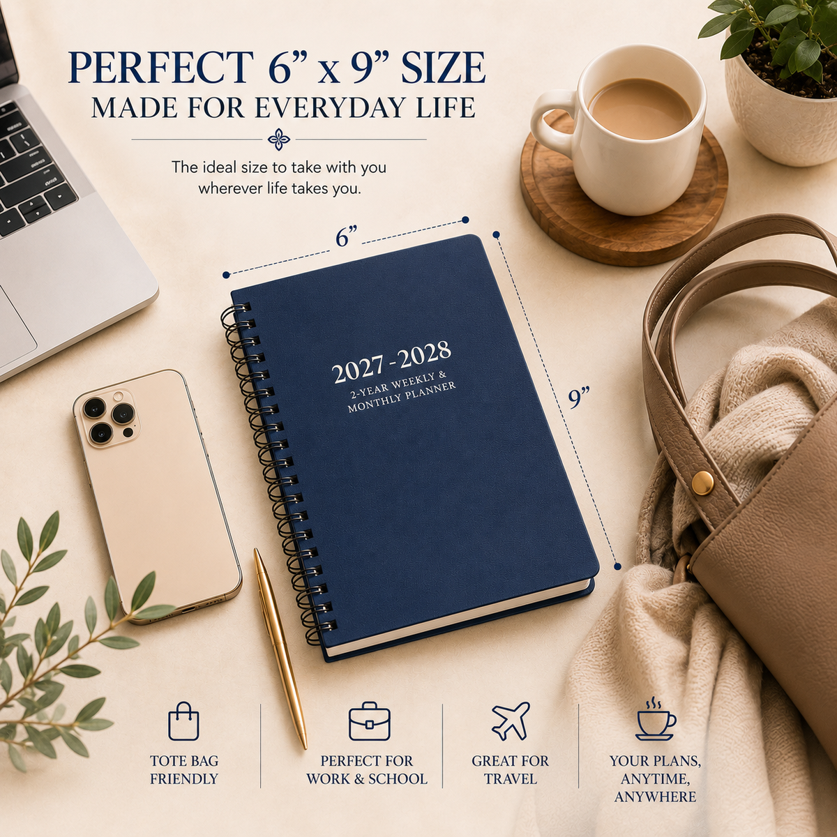 2027–2028 spiral planner showing portable 6 x 9 inch size for work, school and travel 
