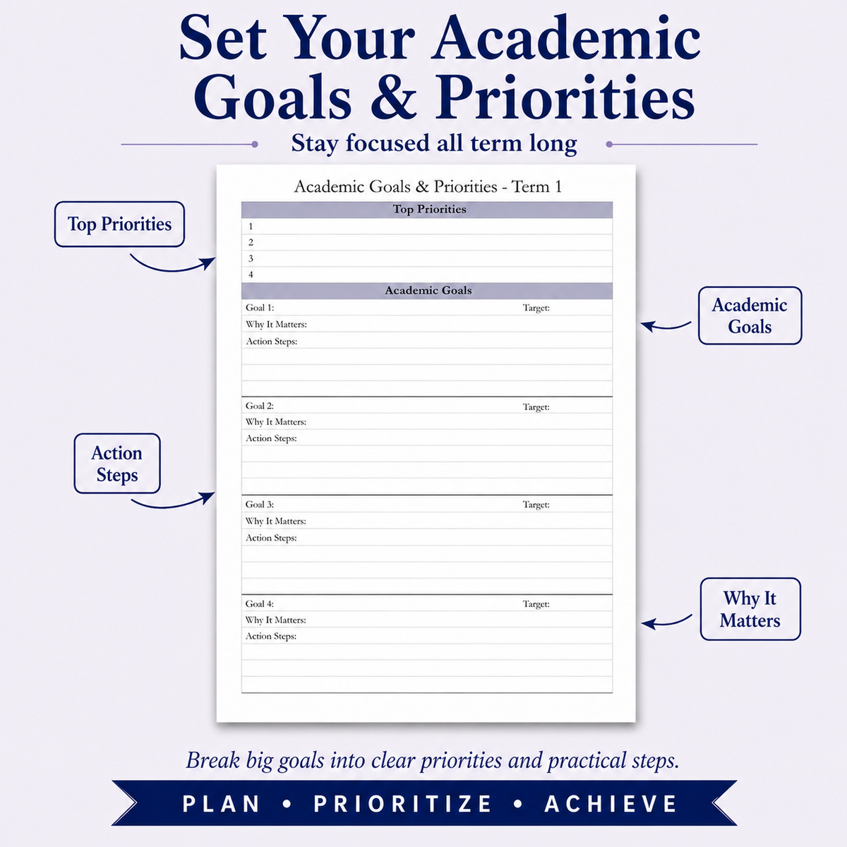 Academic goals and priorities worksheet for setting priorities, goals, action steps and tracking progress 