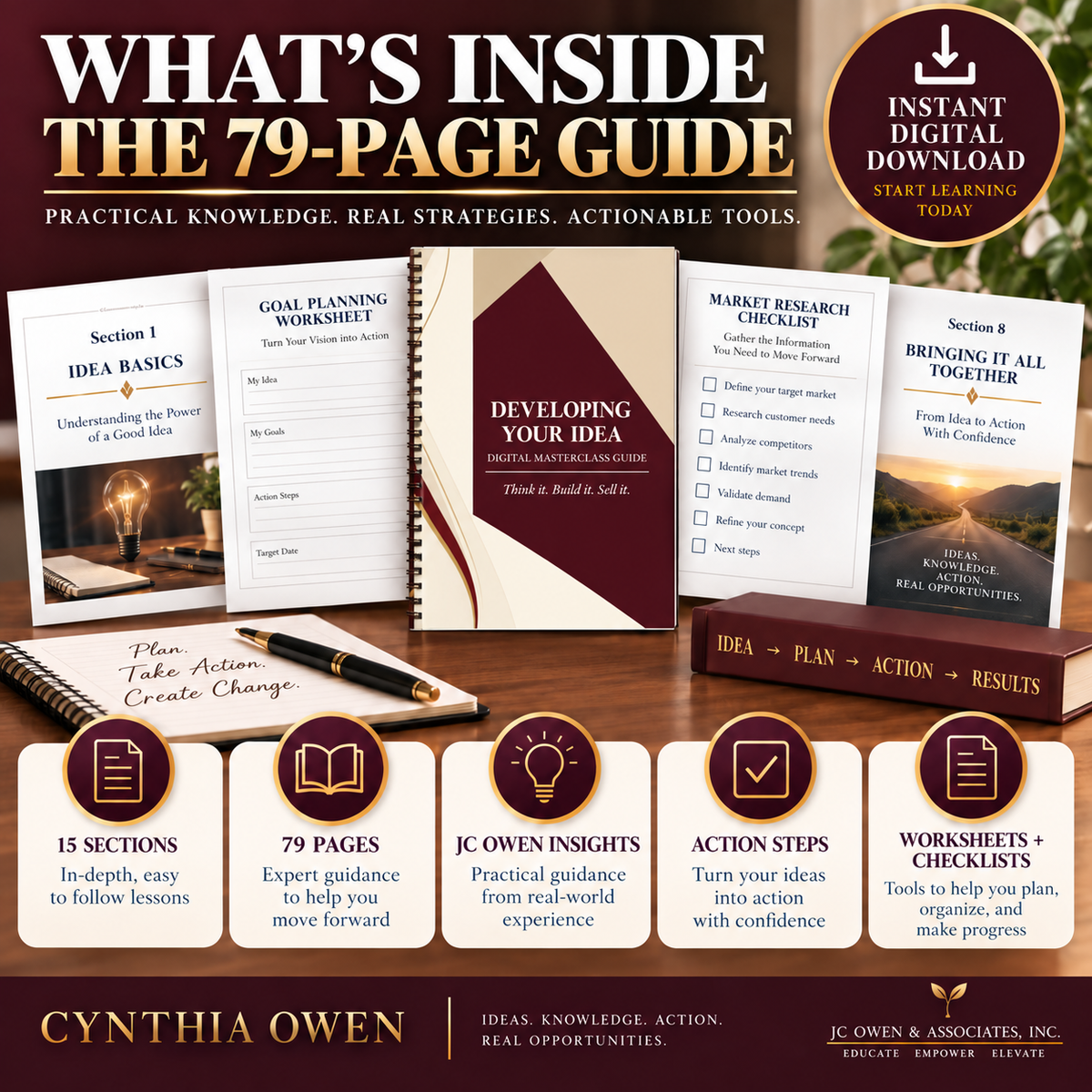 79-page Developing Your Idea Digital Masterclass Guide with structured lessons, insights and action steps