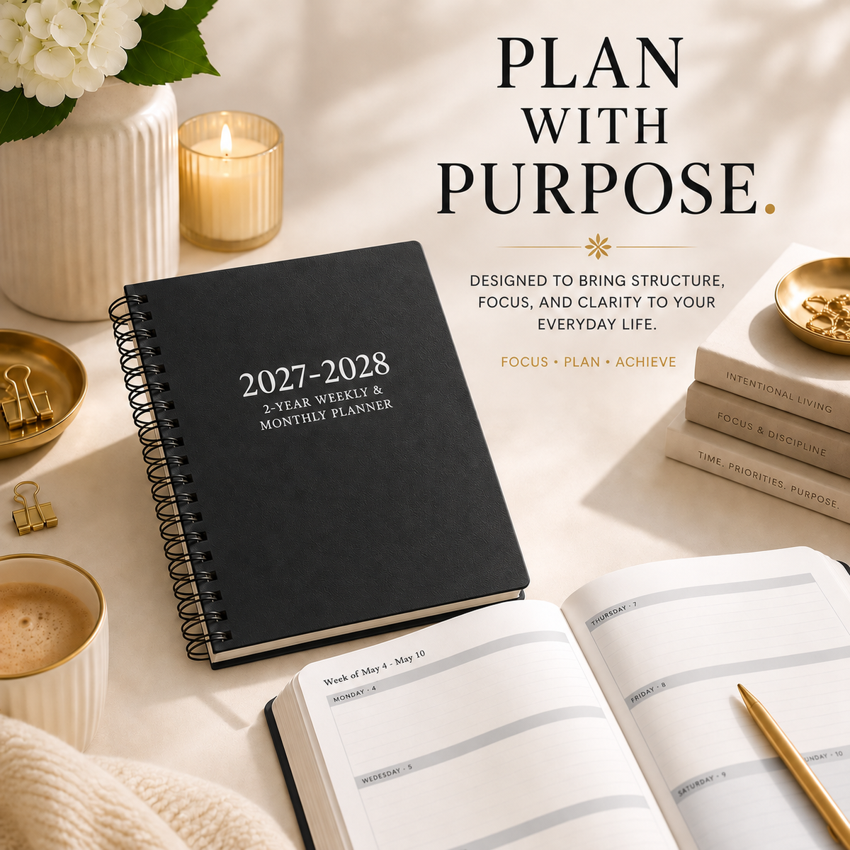 2027-2028 weekly and monthly spiral planner with open planning pages 