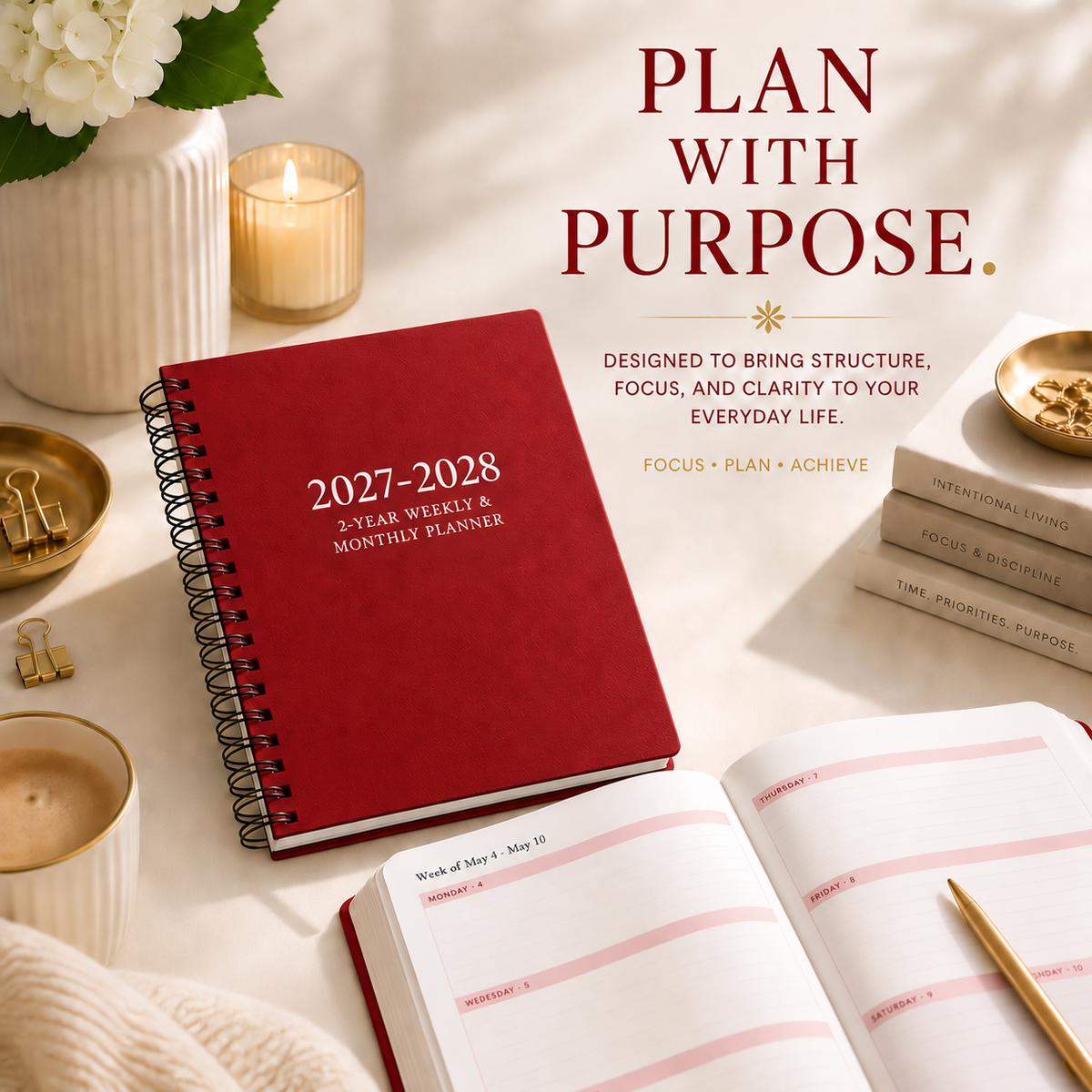 2027–2028 weekly and monthly spiral planner with open planning pages 