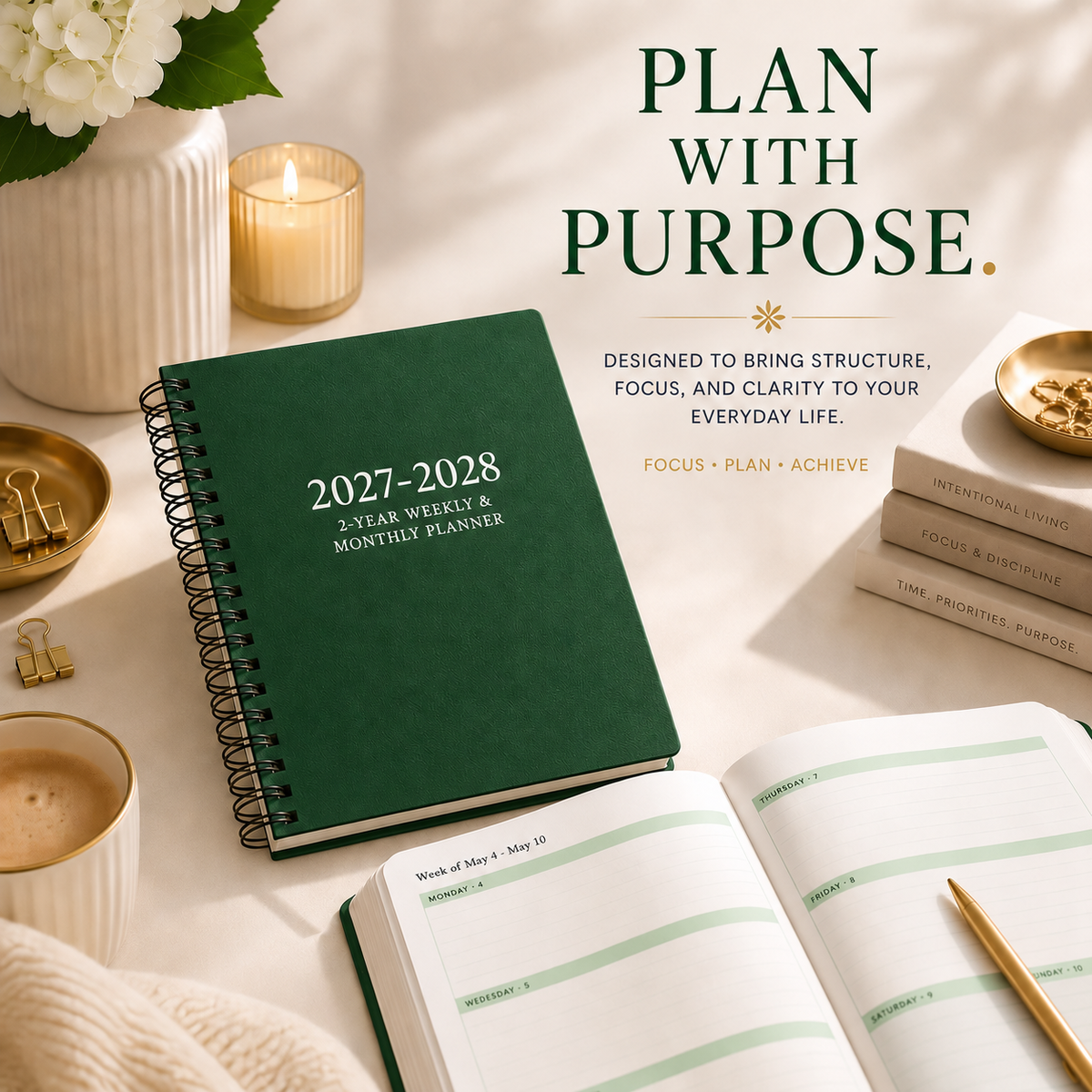 2027–2028 weekly and monthly spiral planner with open planning pages 