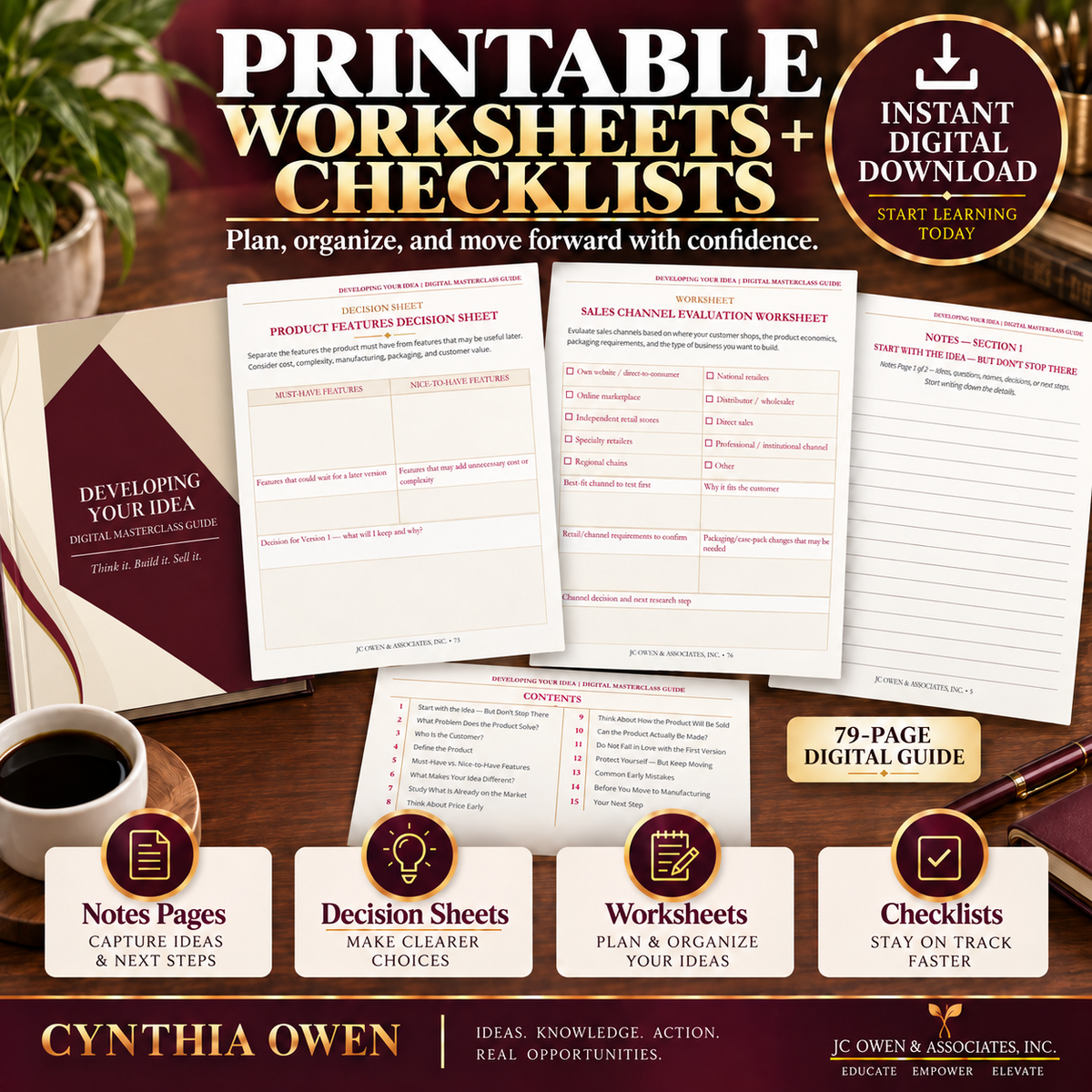Printable product development worksheets and checklists included with the Developing Your Idea Masterclass