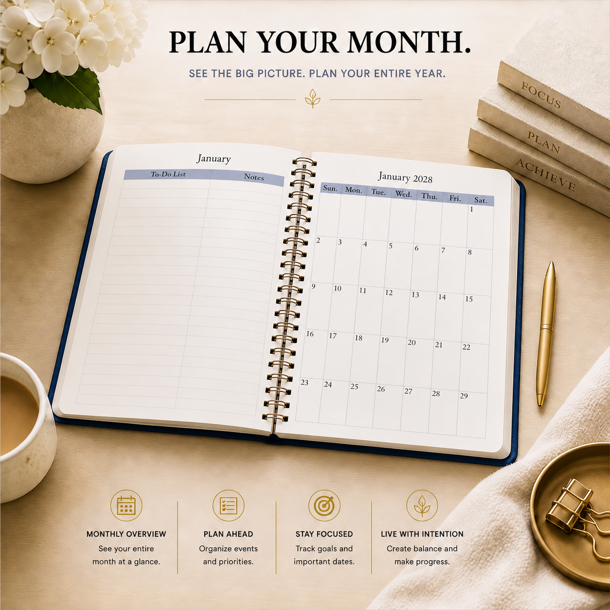 2027–2028 spiral planner open to January 2028 monthly calendar and to-do pages 