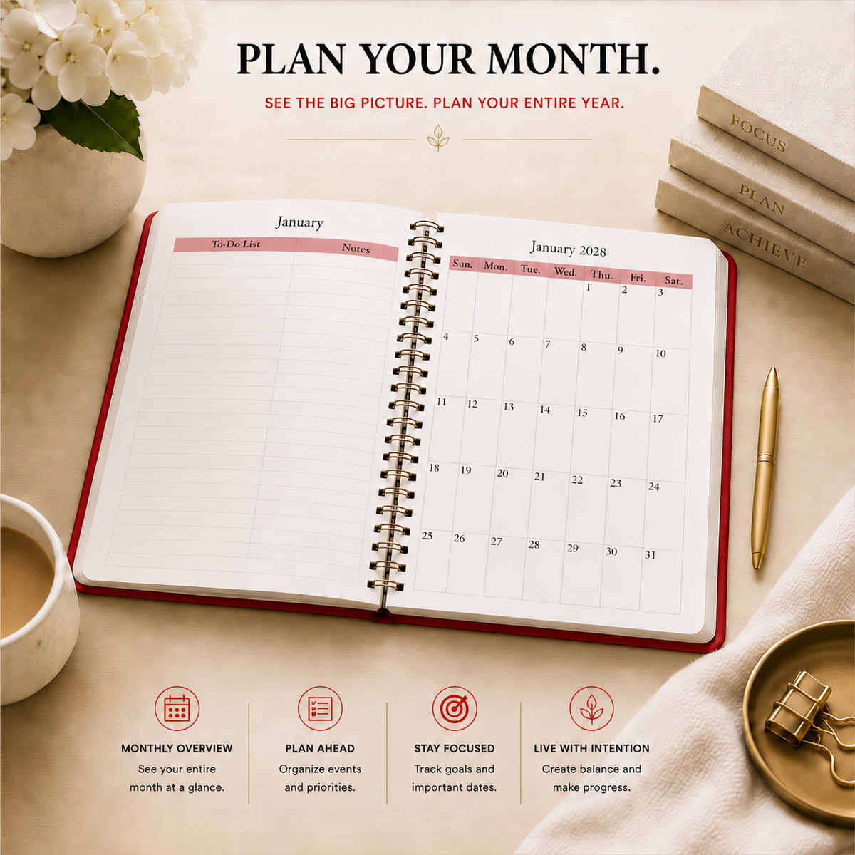 2027–2028 spiral planner open to January 2028 monthly calendar and to-do pages 