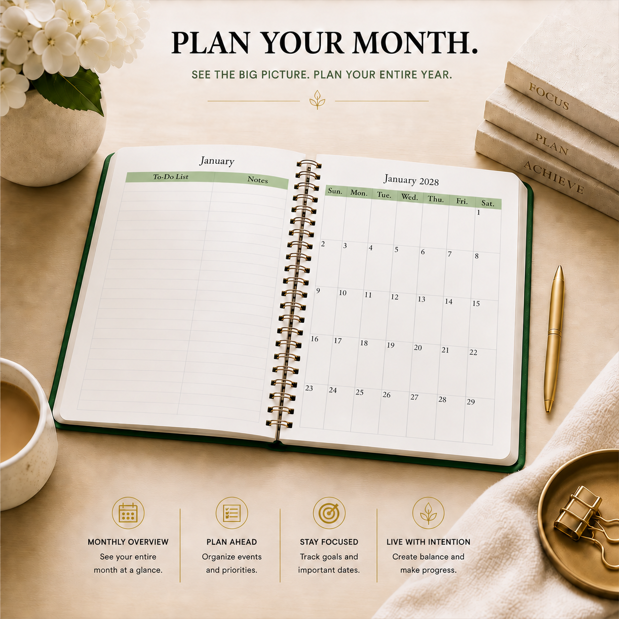 2027–2028 spiral planner open to January 2028 monthly calendar and to-do pages 
