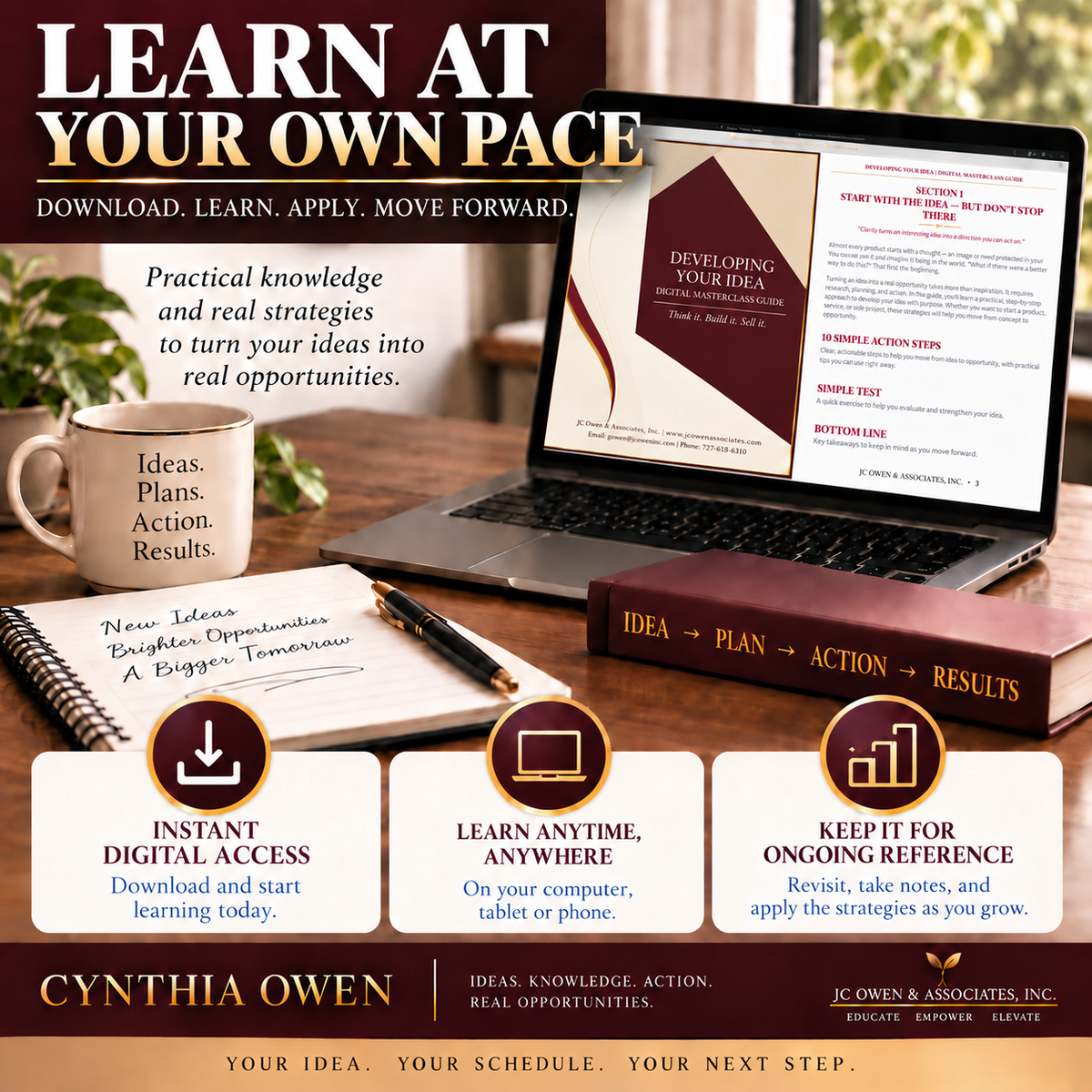 Self-paced Developing Your Idea Digital Masterclass Guide displayed on laptop with downloadable learning materials